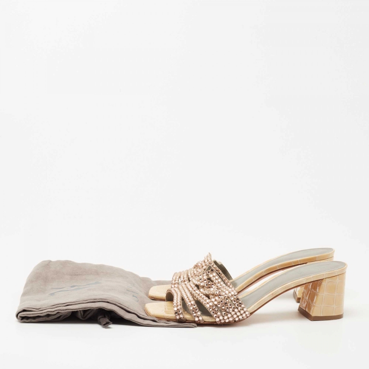 Pre Owned Gina Gold Croc Embossed Patent Leather Crystal Embellished Slide Size 39