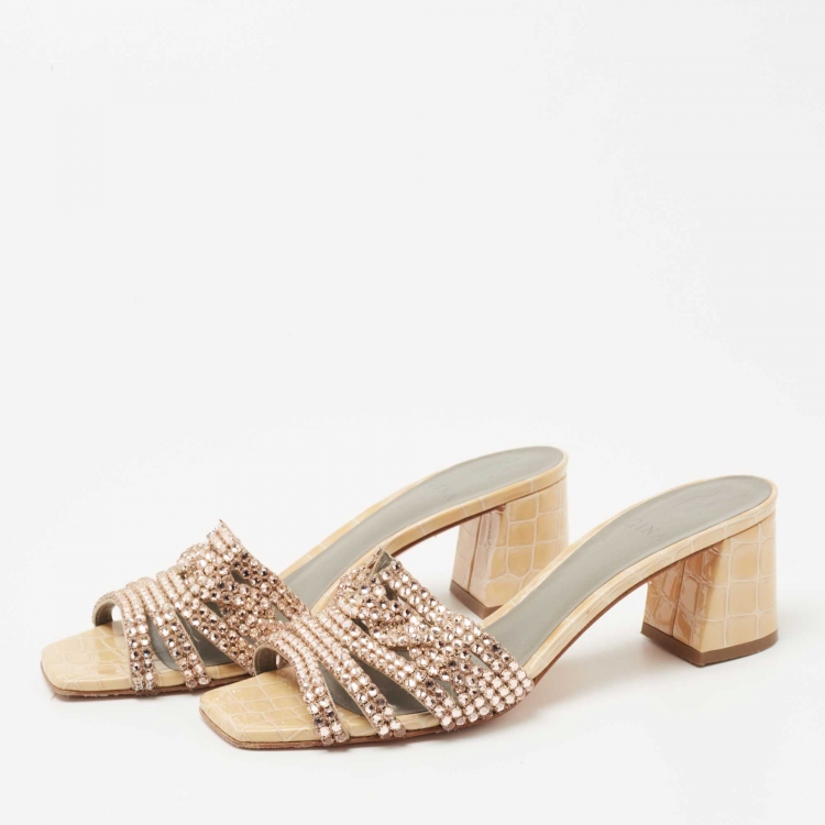 Pre Owned Gina Gold Croc Embossed Patent Leather Crystal Embellished Slide Size 39