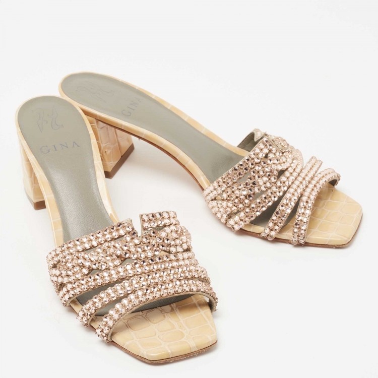 Pre Owned Gina Gold Croc Embossed Patent Leather Crystal Embellished Slide Size 39