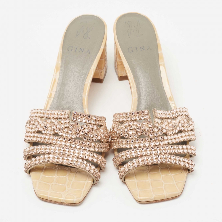 Pre Owned Gina Gold Croc Embossed Patent Leather Crystal Embellished Slide Size 39