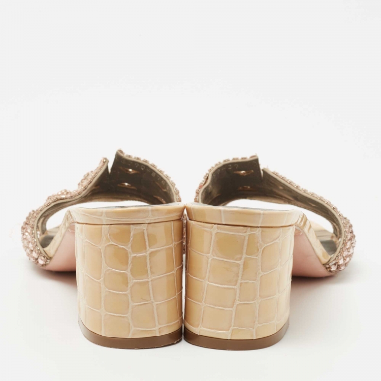 Pre Owned Gina Gold Croc Embossed Patent Leather Crystal Embellished Slide Size 39