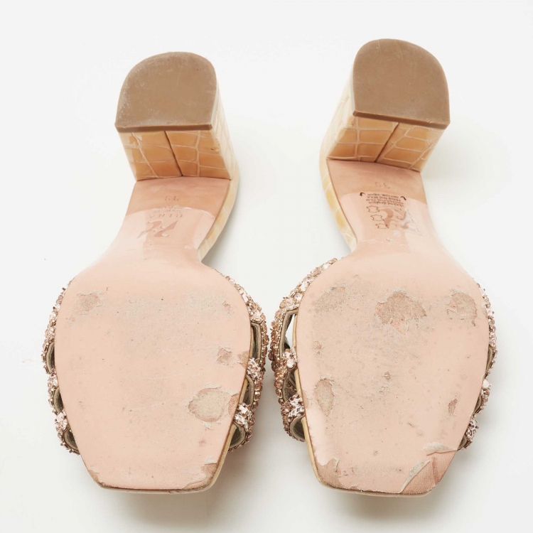 Pre Owned Gina Gold Croc Embossed Patent Leather Crystal Embellished Slide Size 39