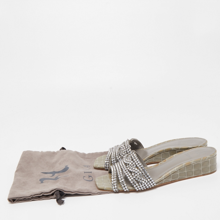 Pre Owned Gina Green Croc Embossed Patent Leather Crystal Embellished Slides Size 39