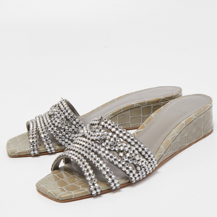 Pre Owned Gina Green Croc Embossed Patent Leather Crystal Embellished Slides Size 39