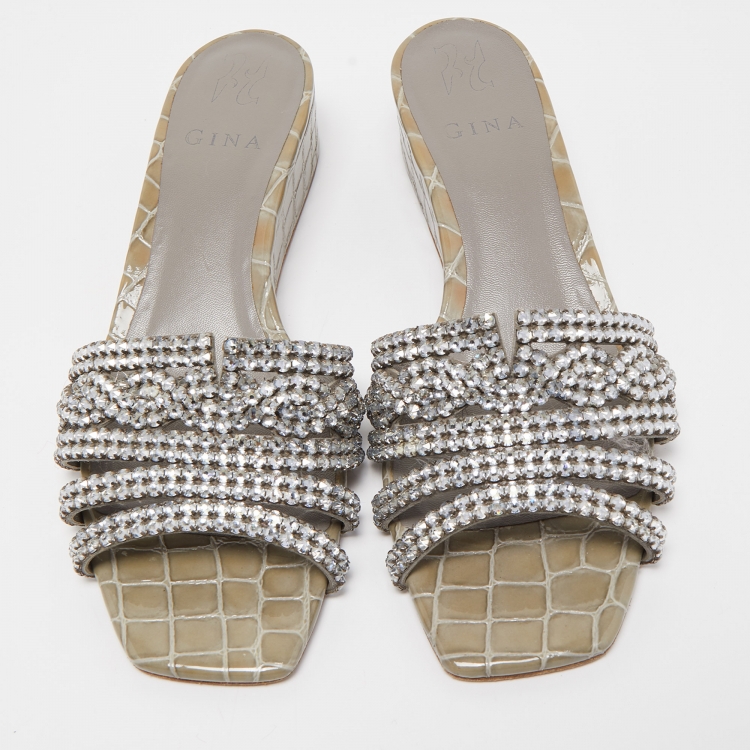 Pre Owned Gina Green Croc Embossed Patent Leather Crystal Embellished Slides Size 39