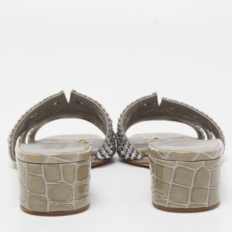 Pre Owned Gina Green Croc Embossed Patent Leather Crystal Embellished Slides Size 39