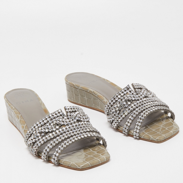 Pre Owned Gina Green Croc Embossed Patent Leather Crystal Embellished Slides Size 39