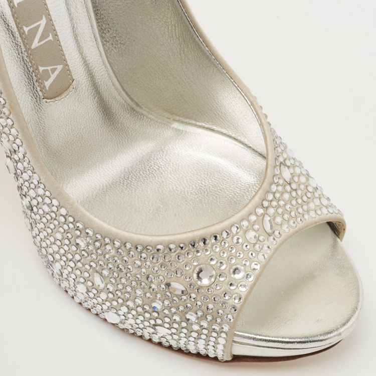 Pre Owned Gina Silver Crystal Embellished Satin Open Toe Platform Pumps Size 38.5