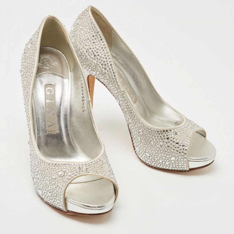 Gina Silver Crystal Embellished Satin Open Toe Platform Pumps Size 38.5 ...