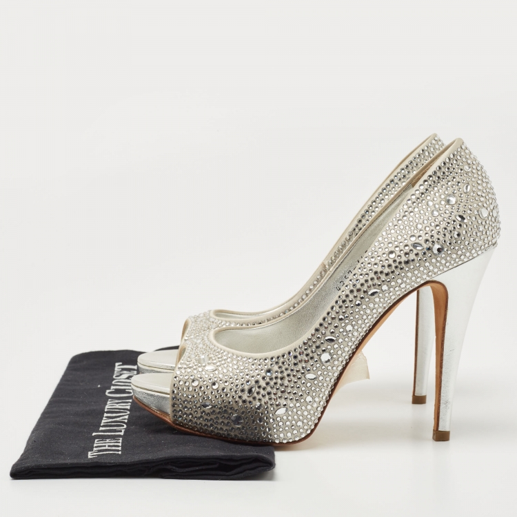 Pre Owned Gina Silver Crystal Embellished Satin Open Toe Platform Pumps Size 38.5