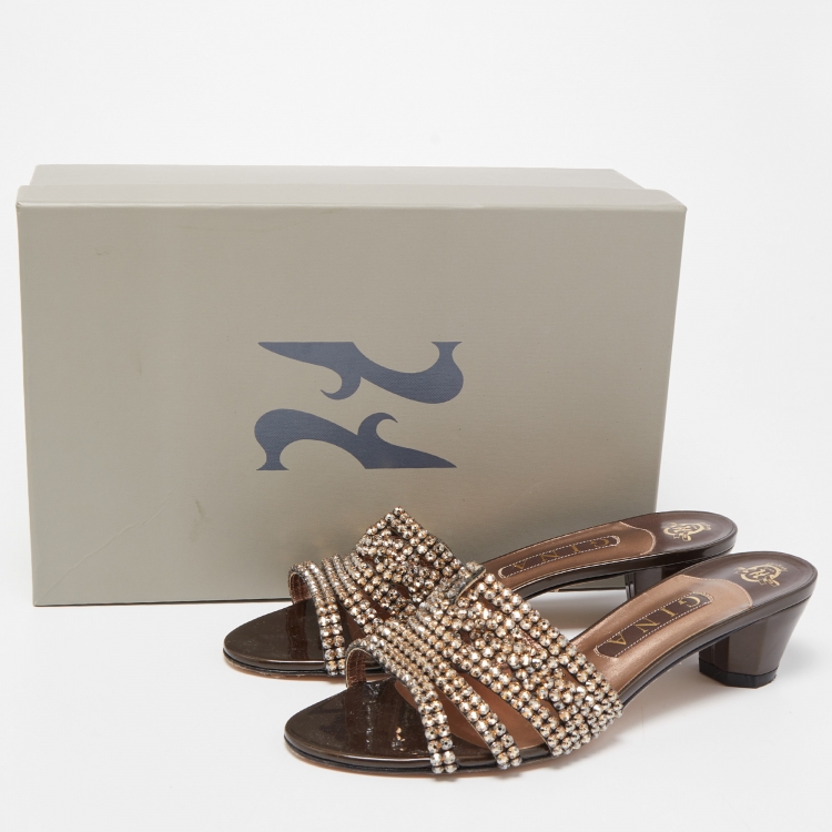 Pre Owned Gina Metallic Bronze Leather Crystal Embellished Slide Sandals Size 39