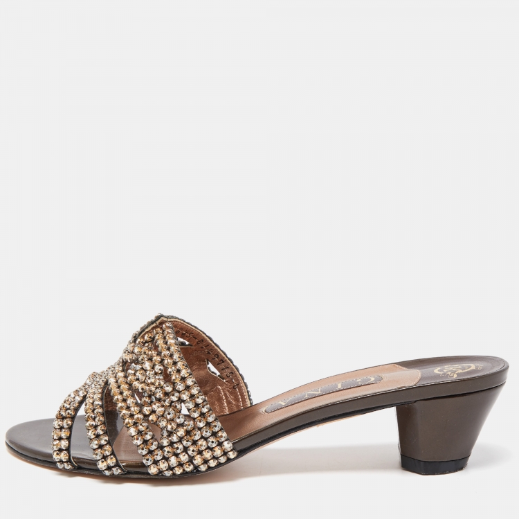 Pre Owned Gina Metallic Bronze Leather Crystal Embellished Slide Sandals Size 39