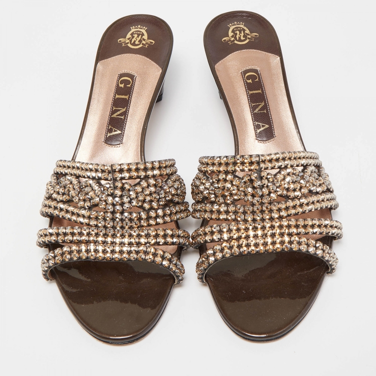 Pre Owned Gina Metallic Bronze Leather Crystal Embellished Slide Sandals Size 39