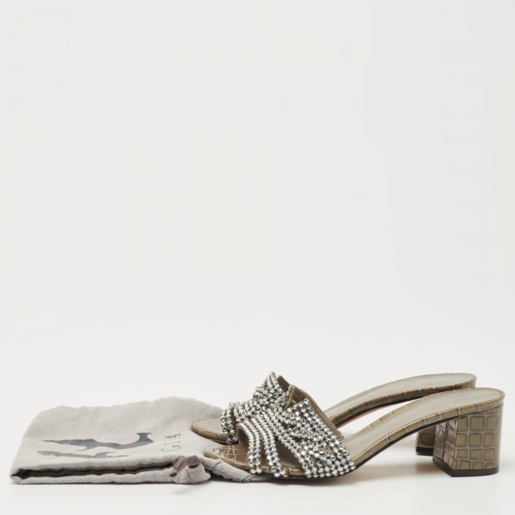 Pre Owned Gina Olive Green Croc Embossed Patent Crystal Embellished Loren Slide Sandals Size 38.5