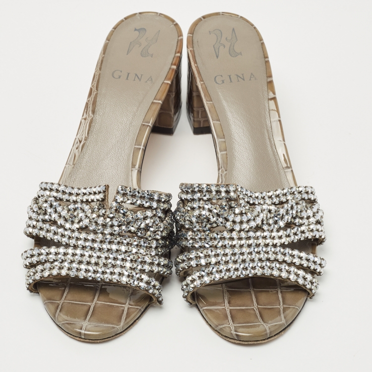 Pre Owned Gina Olive Green Croc Embossed Patent Crystal Embellished Loren Slide Sandals Size 38.5