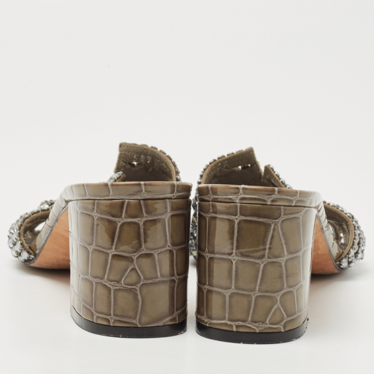 Pre Owned Gina Olive Green Croc Embossed Patent Crystal Embellished Loren Slide Sandals Size 38.5