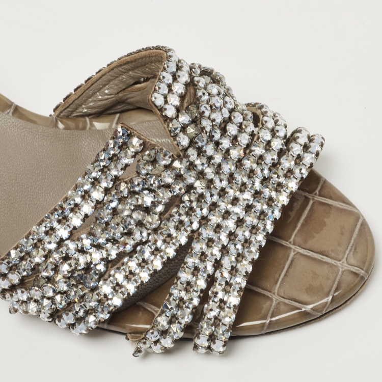 Pre Owned Gina Olive Green Croc Embossed Patent Crystal Embellished Loren Slide Sandals Size 38.5