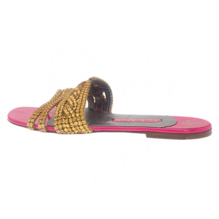Pre Owned Gina Bronze Crystal Pink Flat Slides Size 40