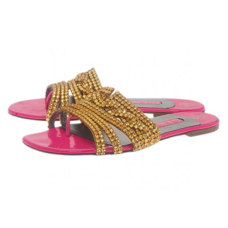 Pre Owned Gina Bronze Crystal Pink Flat Slides Size 40