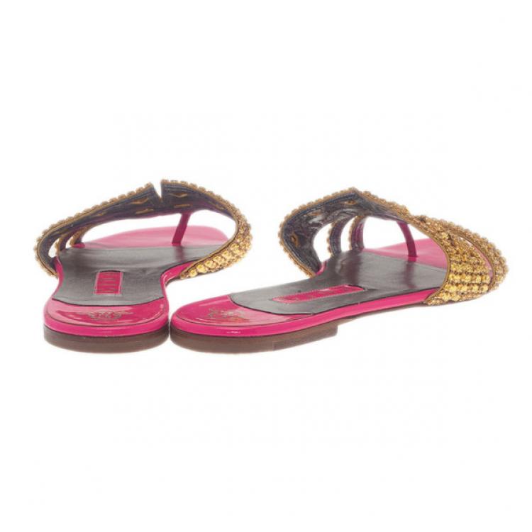 Pre Owned Gina Bronze Crystal Pink Flat Slides Size 40