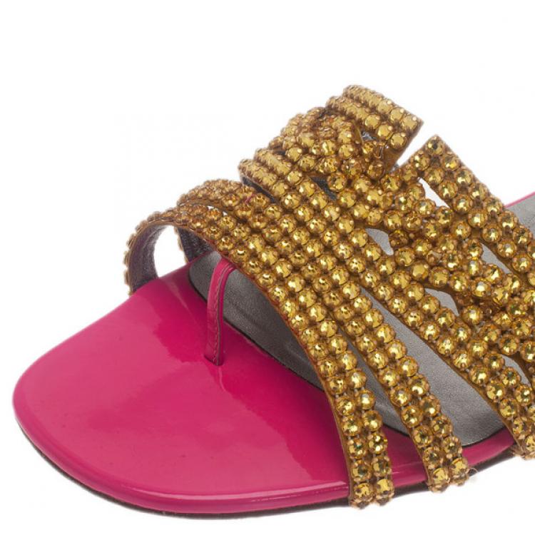 Pre Owned Gina Bronze Crystal Pink Flat Slides Size 40