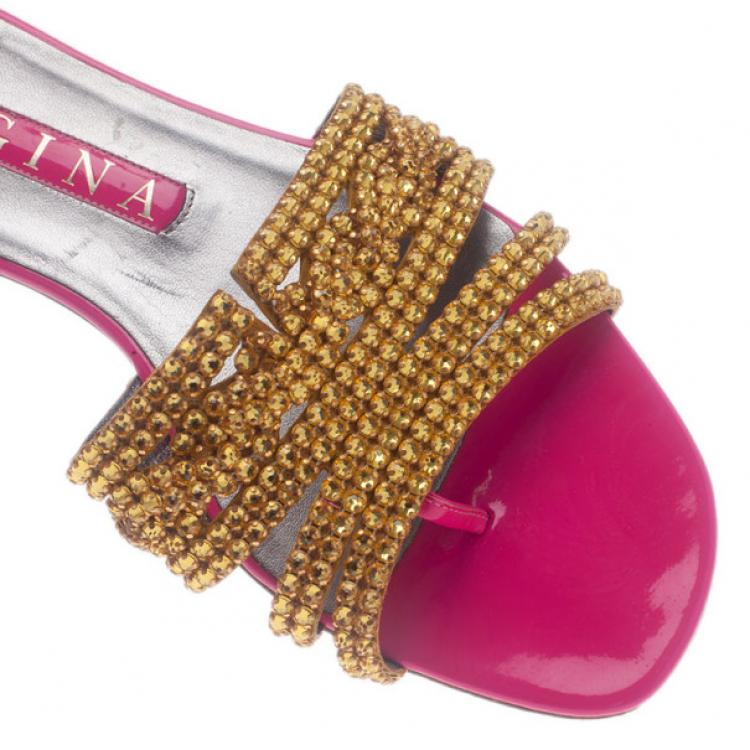 Pre Owned Gina Bronze Crystal Pink Flat Slides Size 40