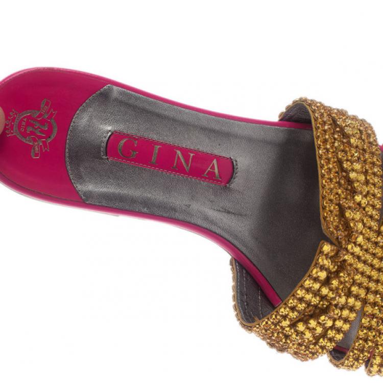 Pre Owned Gina Bronze Crystal Pink Flat Slides Size 40