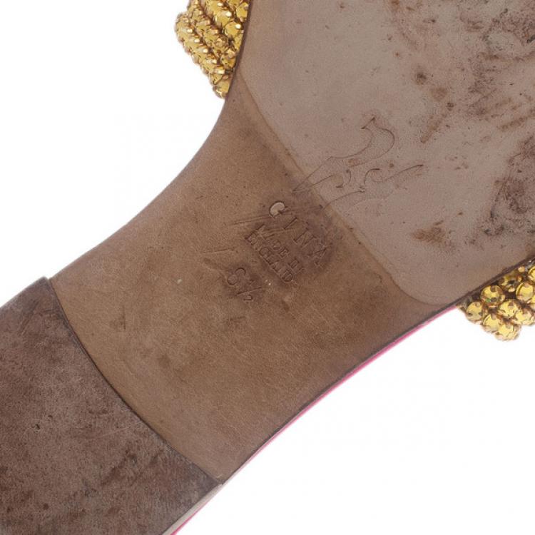 Pre Owned Gina Bronze Crystal Pink Flat Slides Size 40