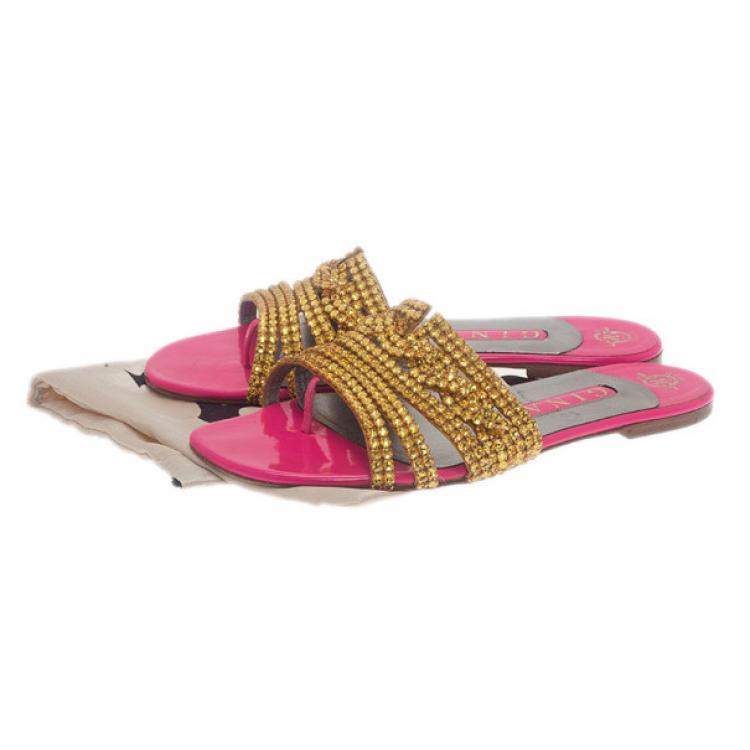 Pre Owned Gina Bronze Crystal Pink Flat Slides Size 40