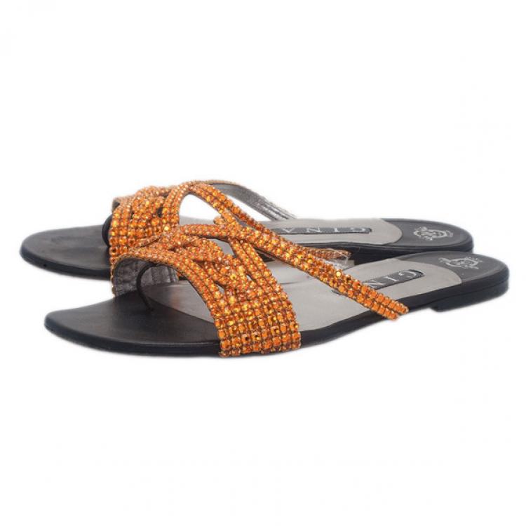 Pre Owned Gina Bronze Crystal Black Flat Slides Size 40