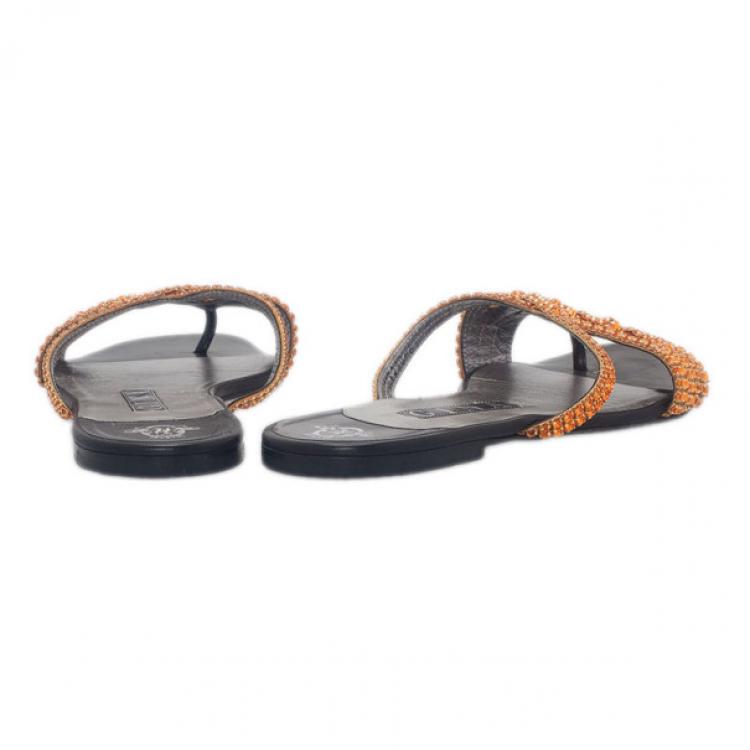 Pre Owned Gina Bronze Crystal Black Flat Slides Size 40