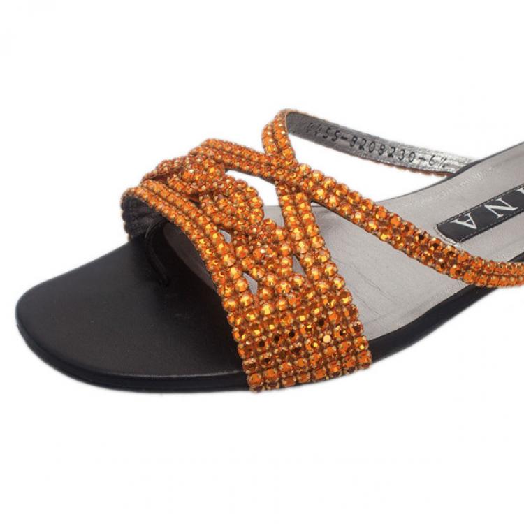 Pre Owned Gina Bronze Crystal Black Flat Slides Size 40