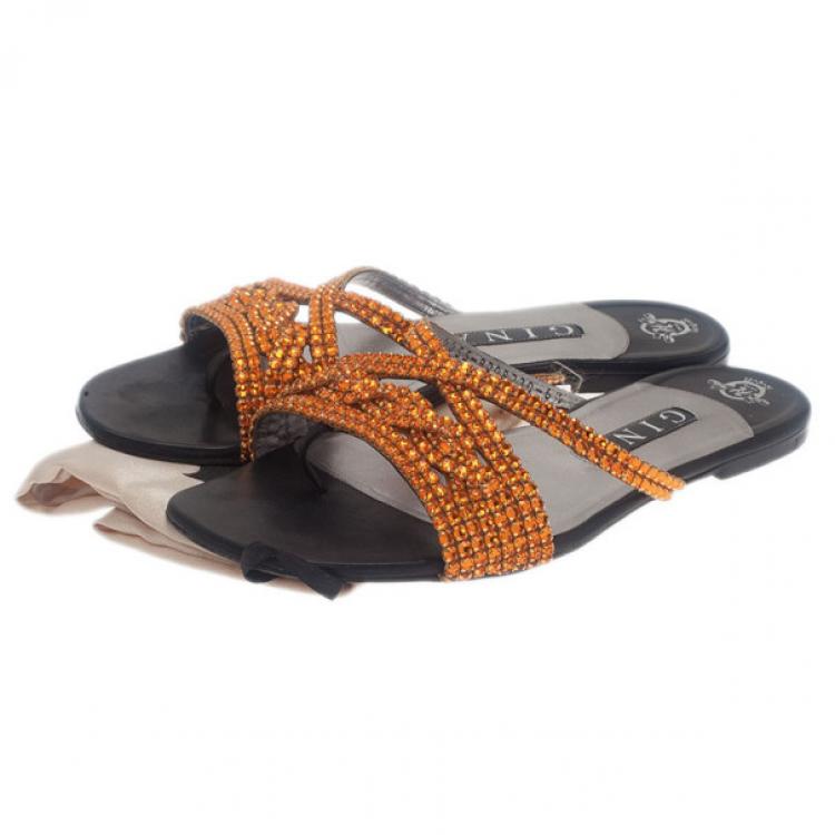 Pre Owned Gina Bronze Crystal Black Flat Slides Size 40
