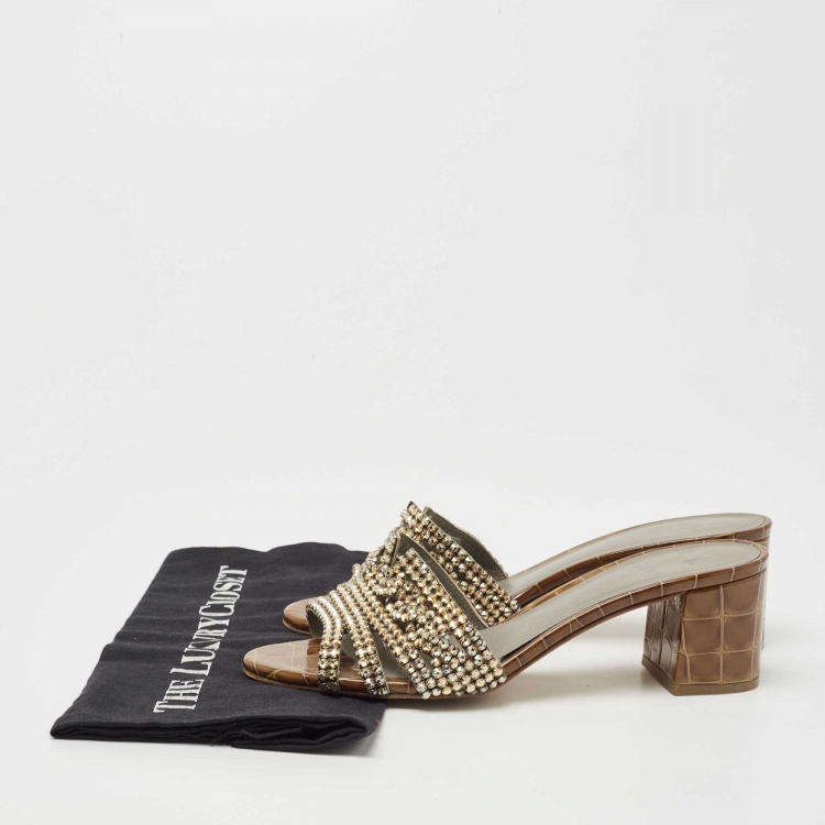 Pre Owned Gina Brown Croc Embossed Leather Crystal Embellished Slides Size 40