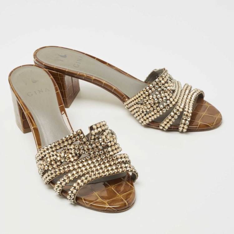 Pre Owned Gina Brown Croc Embossed Leather Crystal Embellished Slides Size 40