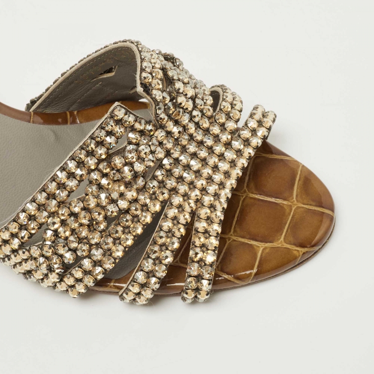 Pre Owned Gina Brown Croc Embossed Leather Crystal Embellished Slides Size 40