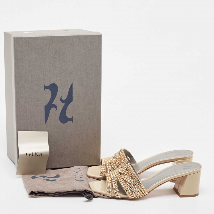 Pre Owned Gina Beige Patent Leather Crystal Embellished Slide Sandals Size 38