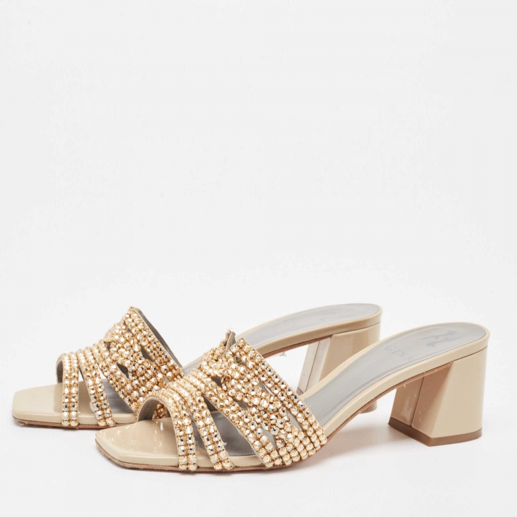 Pre Owned Gina Beige Patent Leather Crystal Embellished Slide Sandals Size 38