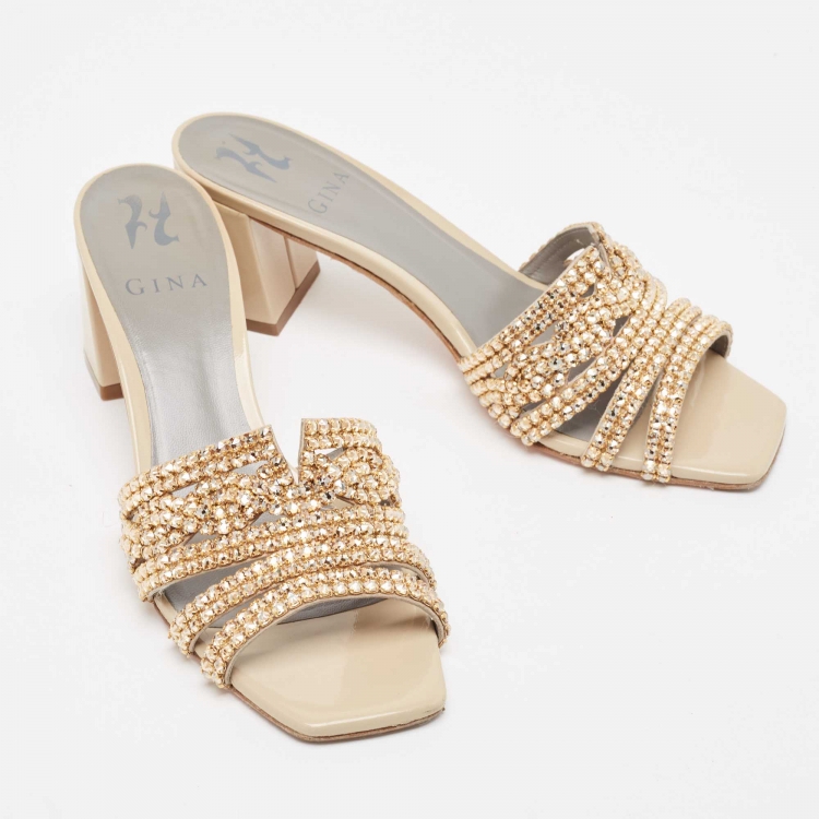 Pre Owned Gina Beige Patent Leather Crystal Embellished Slide Sandals Size 38