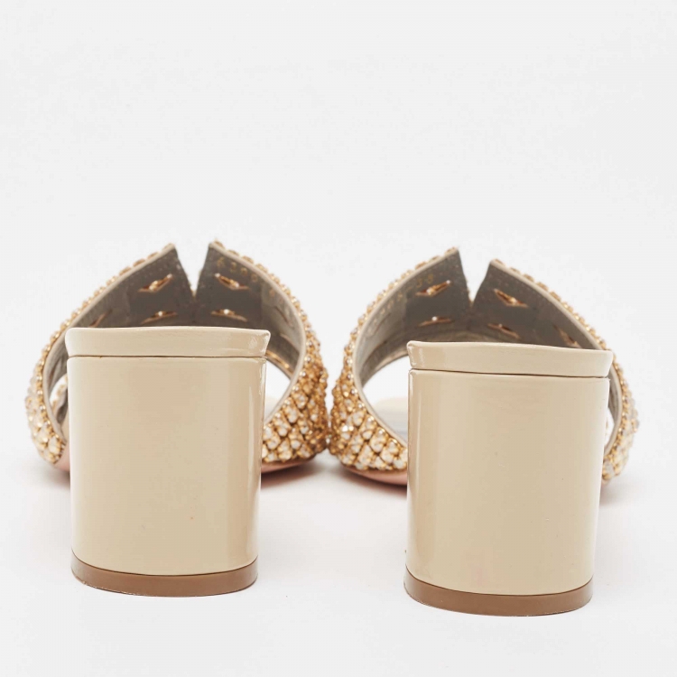 Pre Owned Gina Beige Patent Leather Crystal Embellished Slide Sandals Size 38