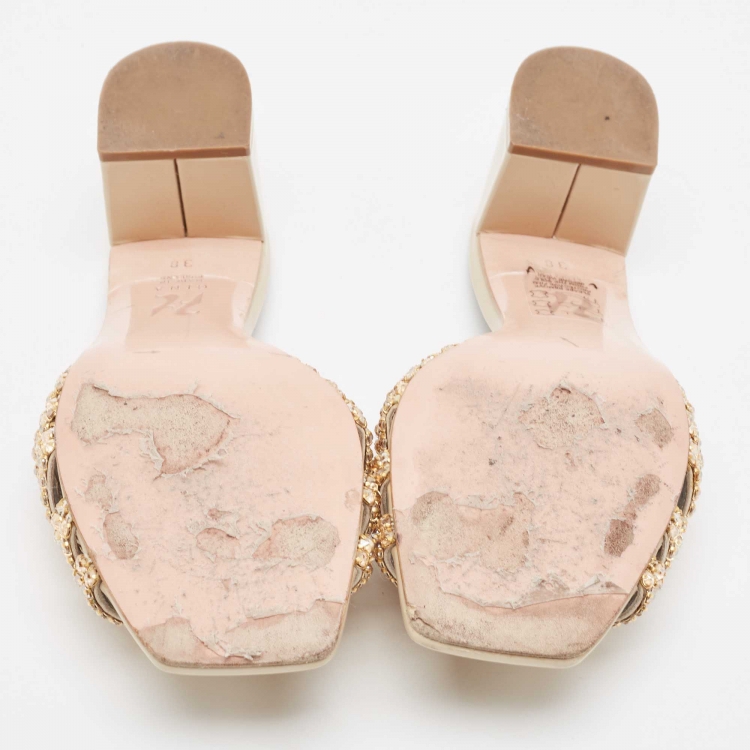 Pre Owned Gina Beige Patent Leather Crystal Embellished Slide Sandals Size 38