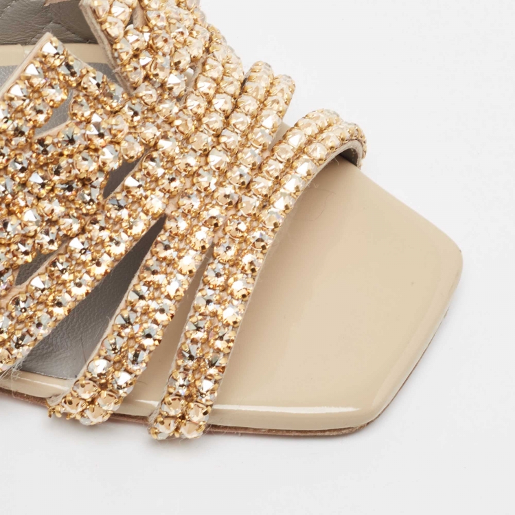 Pre Owned Gina Beige Patent Leather Crystal Embellished Slide Sandals Size 38