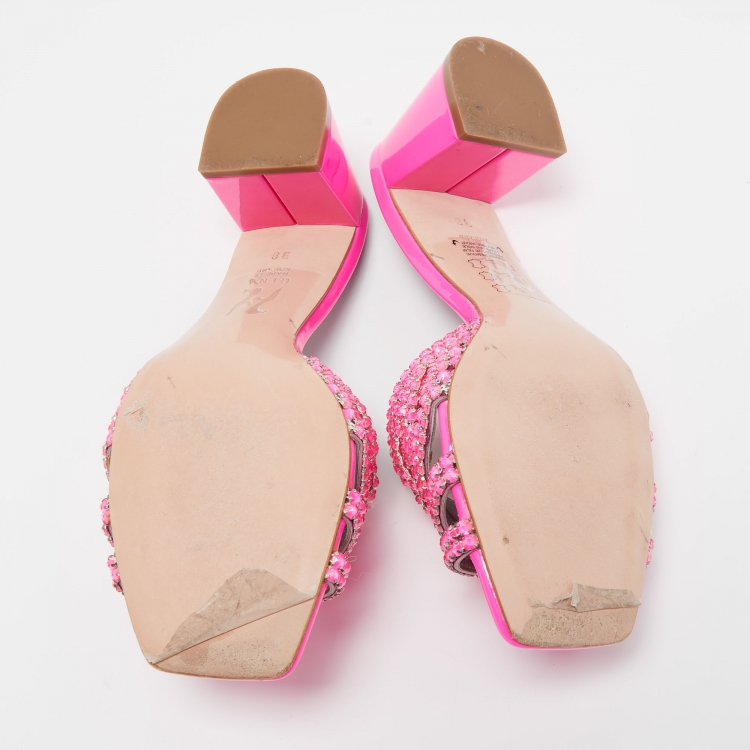 Pre Owned Gina Pink Patent Leather Crystal Embellished Slide Sandals Size 38