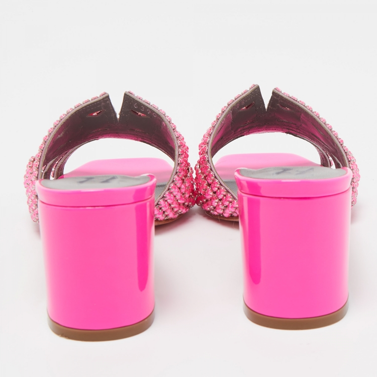 Pre Owned Gina Pink Patent Leather Crystal Embellished Slide Sandals Size 38