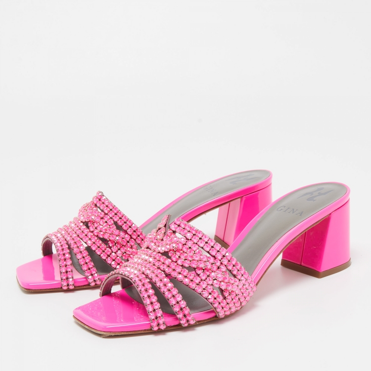 Pre Owned Gina Pink Patent Leather Crystal Embellished Slide Sandals Size 38