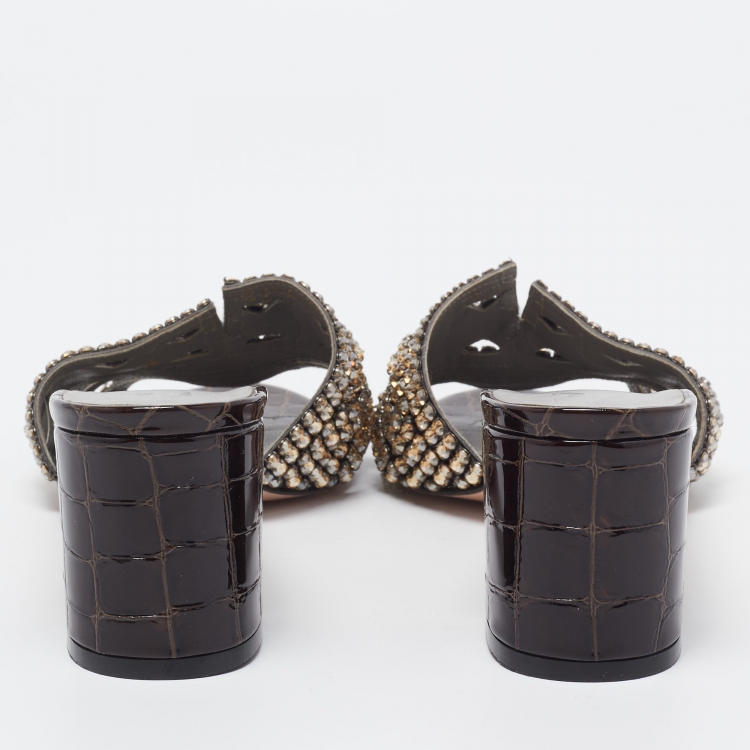 Pre Owned Gina Brown Croc Embossed Patent Leather Crystal Embellished Slides Size 39