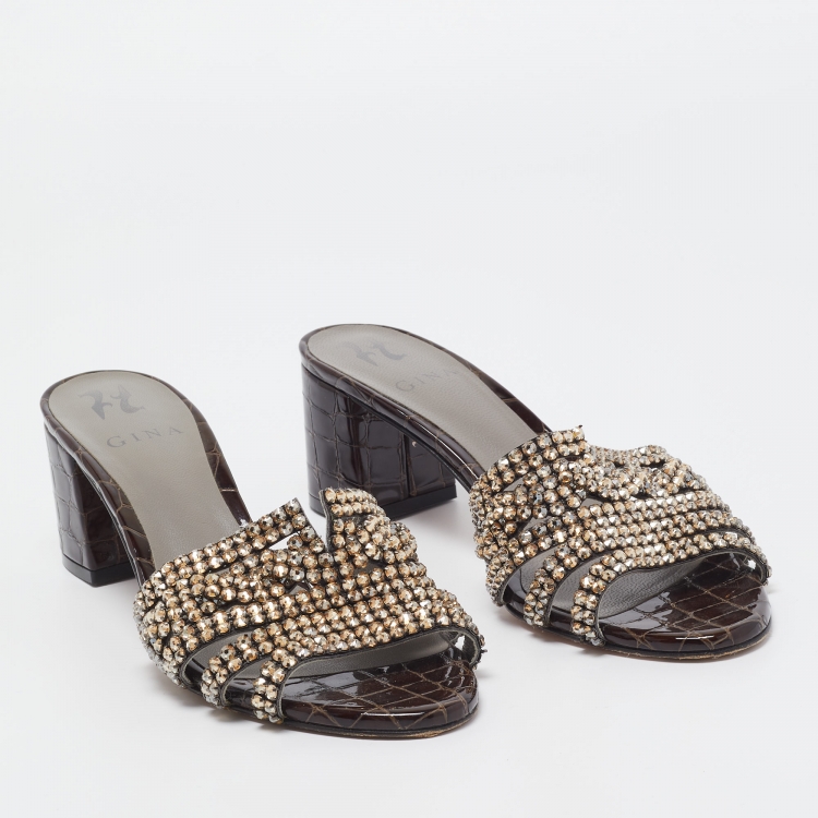 Pre Owned Gina Brown Croc Embossed Patent Leather Crystal Embellished Slides Size 39