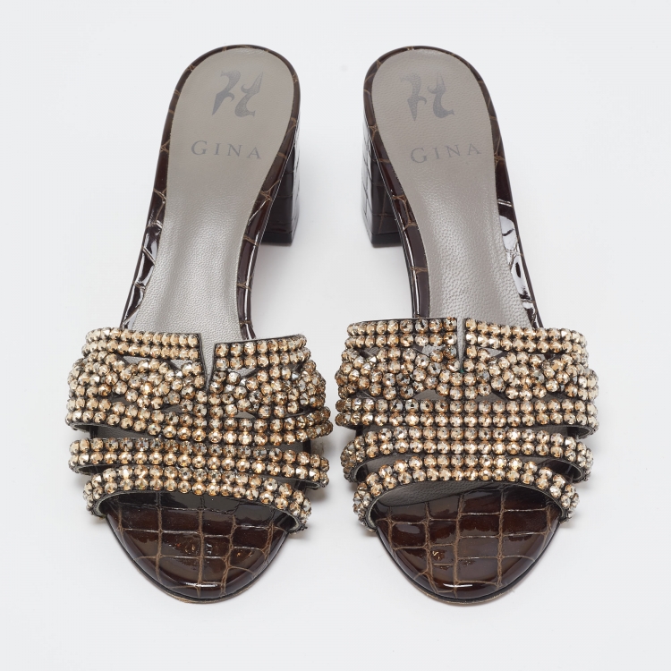 Pre Owned Gina Brown Croc Embossed Patent Leather Crystal Embellished Slides Size 39