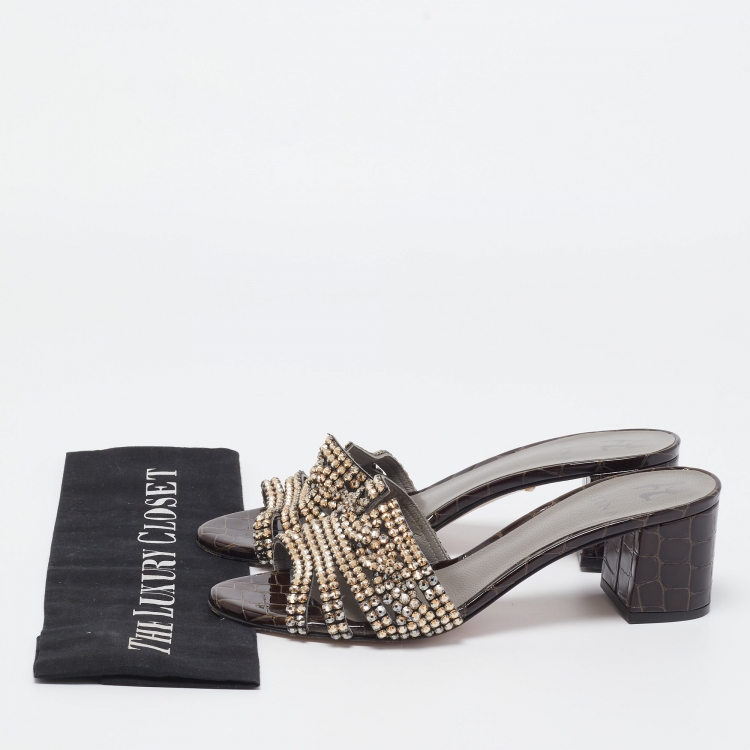 Pre Owned Gina Brown Croc Embossed Patent Leather Crystal Embellished Slides Size 39