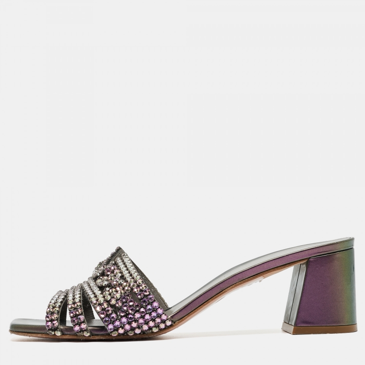 Pre Owned Gina Purple  Leather Embellished Slide Sandals Size 39